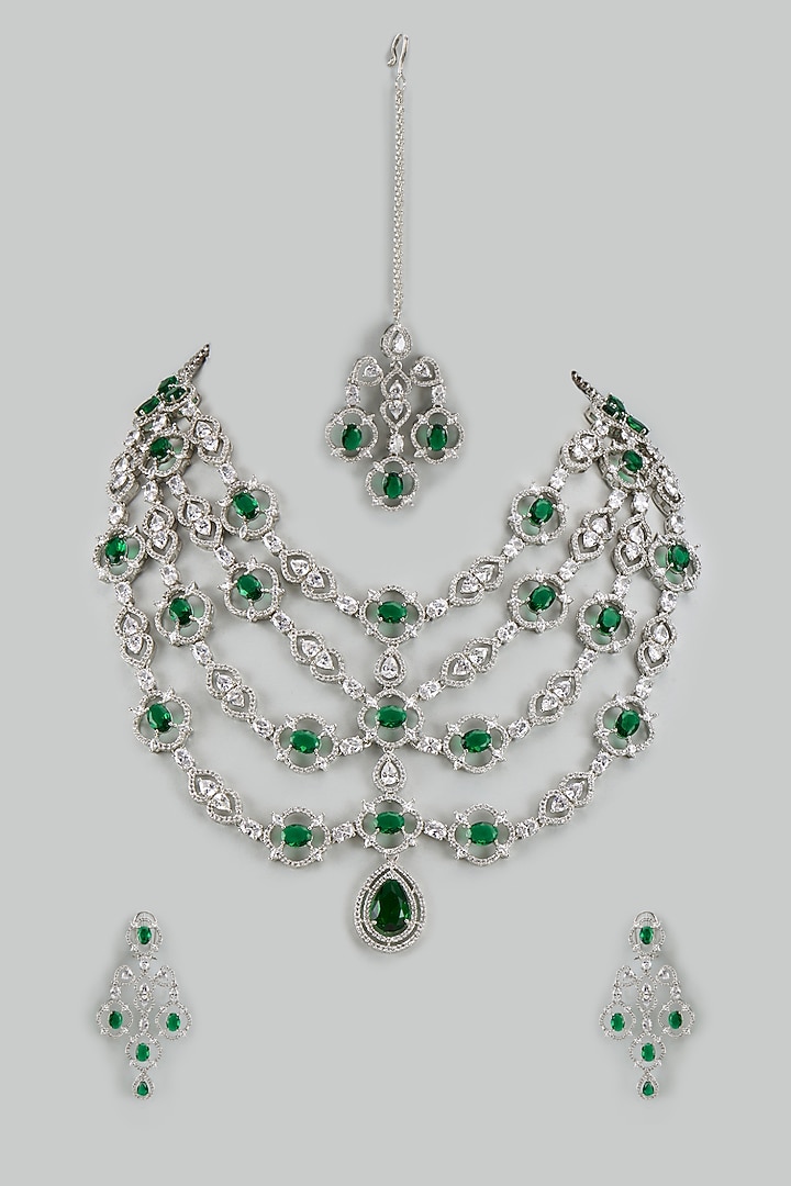 White Finish Cubic Zirconia & Emerald Stone Layered Necklace Set by Akulya Jewels at Pernia's Pop Up Shop
