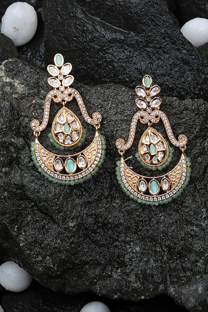 Gold Finish Faux Diamond & Mint Beaded Chandbaali Earrings by Akulya Jewels at Pernia's Pop Up Shop