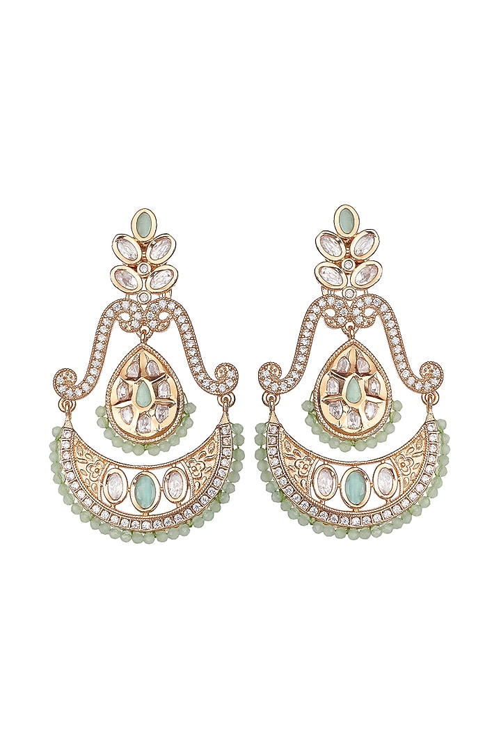 Gold Finish Faux Diamond & Mint Beaded Chandbaali Earrings by Akulya Jewels at Pernia's Pop Up Shop