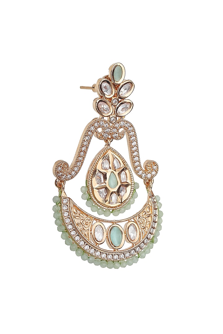 Gold Finish Faux Diamond & Mint Beaded Chandbaali Earrings by Akulya Jewels at Pernia's Pop Up Shop