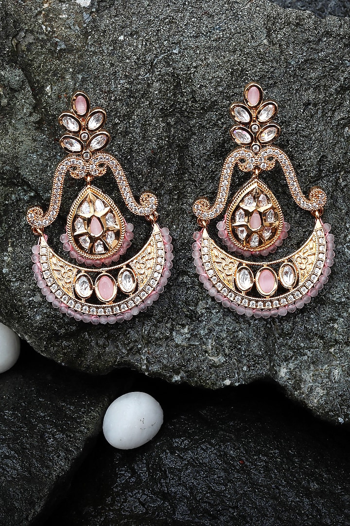 Gold Finish Faux Diamond & Pink Beaded Chandbaali Earrings by Akulya Jewels at Pernia's Pop Up Shop