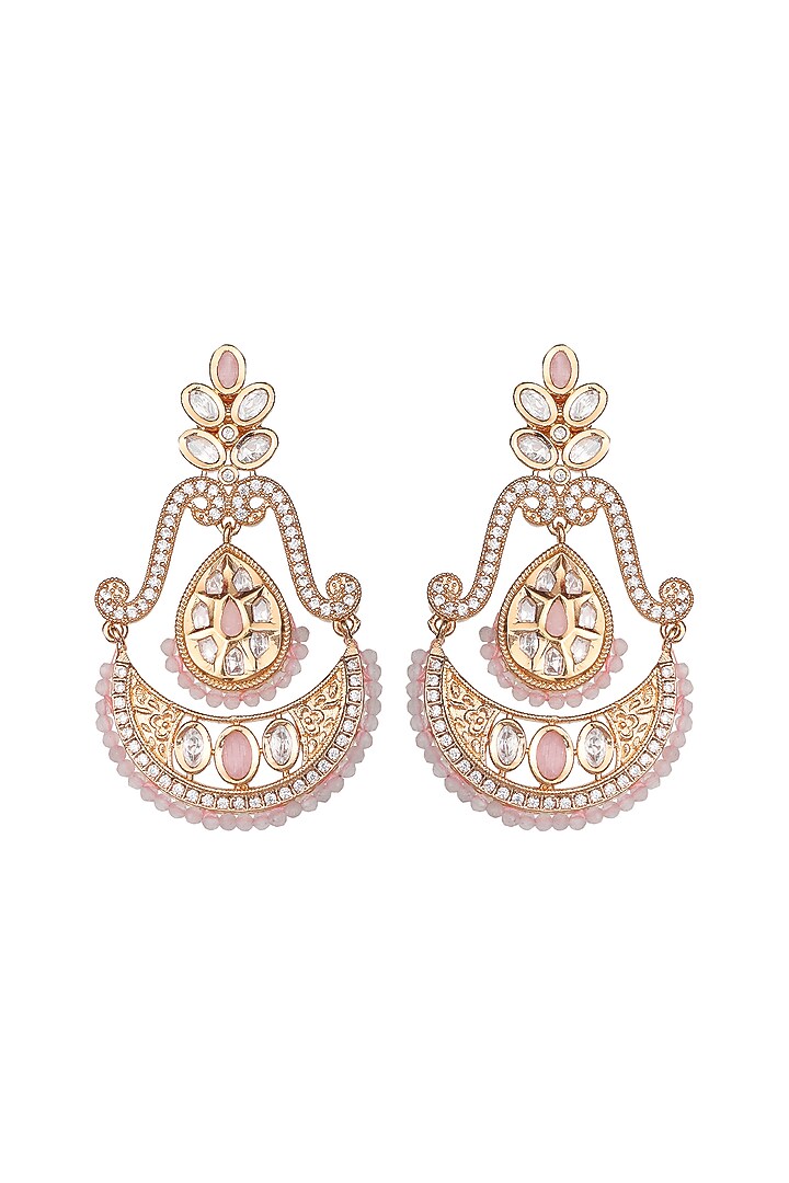 Gold Finish Faux Diamond & Pink Beaded Chandbaali Earrings by Akulya Jewels at Pernia's Pop Up Shop