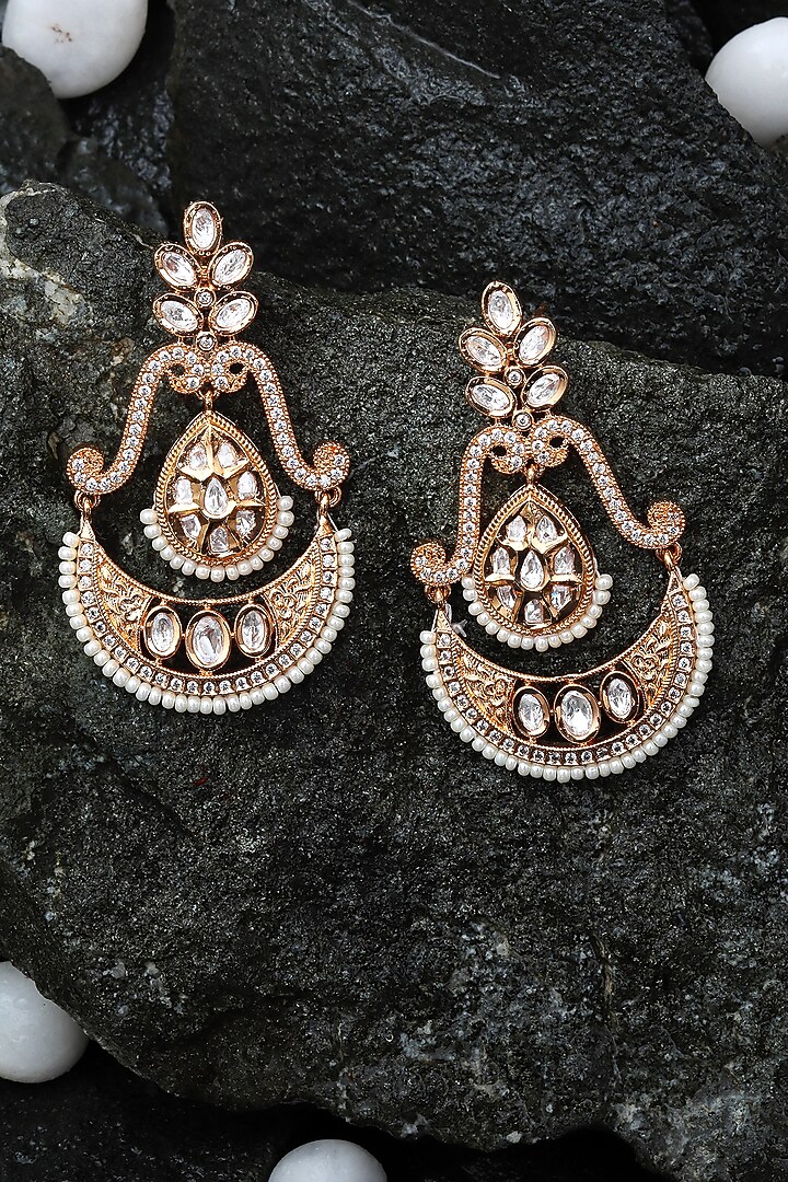 Gold Finish Faux Diamond & White Beaded Chandbaali Earrings by Akulya Jewels at Pernia's Pop Up Shop