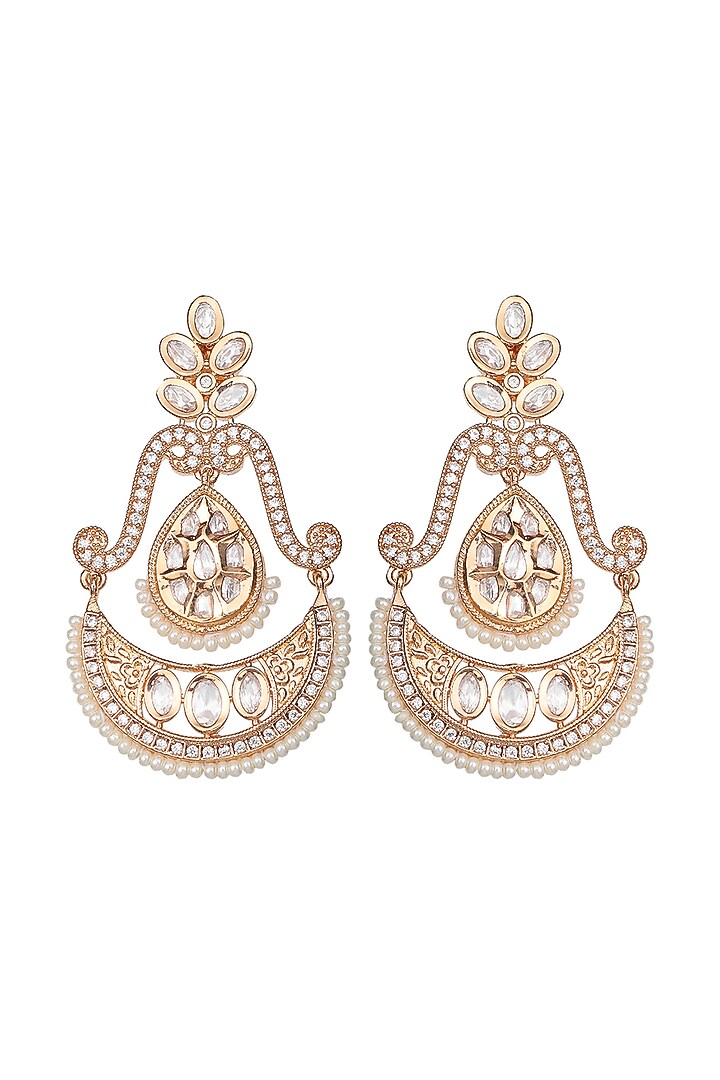 Gold Finish Faux Diamond & White Beaded Chandbaali Earrings by Akulya Jewels at Pernia's Pop Up Shop