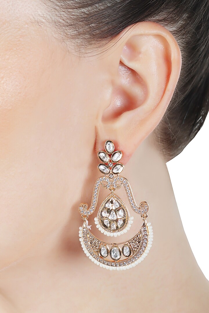 Gold Finish Faux Diamond & White Beaded Chandbaali Earrings by Akulya Jewels at Pernia's Pop Up Shop