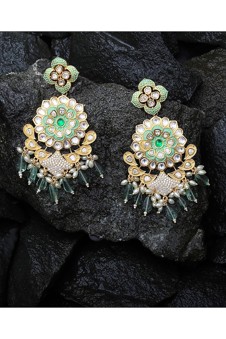 Gold Finish Faux Diamond & Kundan Polki Meenakari Dangler Earrings by Akulya Jewels at Pernia's Pop Up Shop
