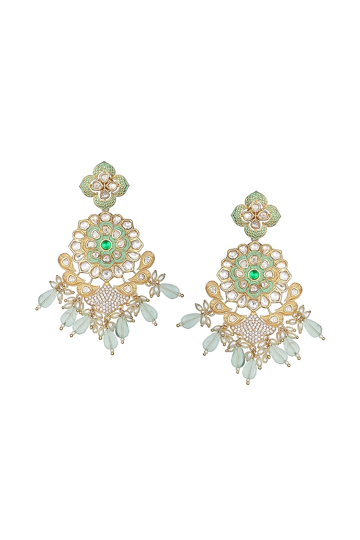 Gold Finish Faux Diamond & Kundan Polki Meenakari Dangler Earrings by Akulya Jewels at Pernia's Pop Up Shop
