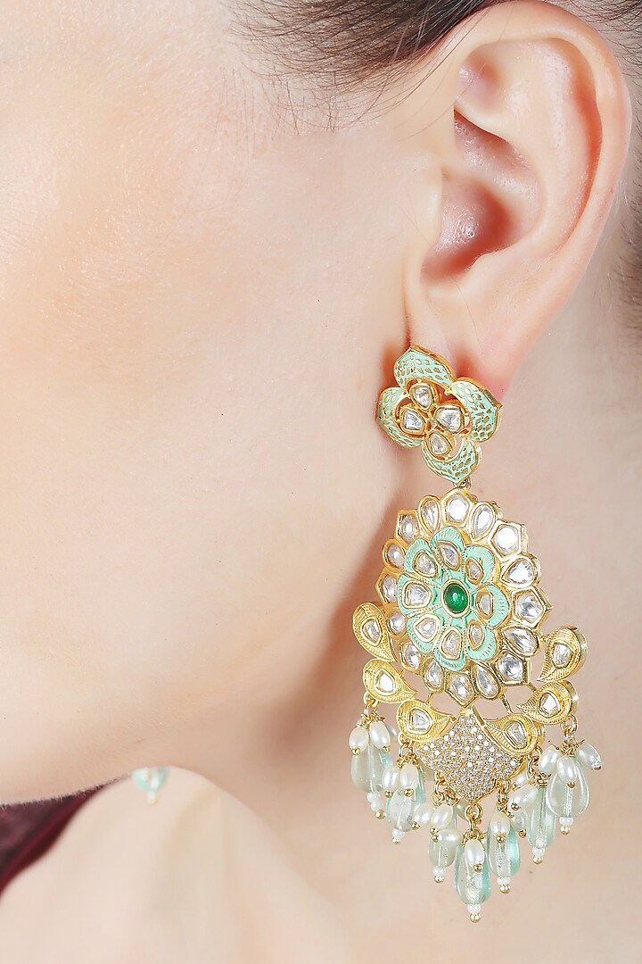 Gold Finish Faux Diamond & Kundan Polki Meenakari Dangler Earrings by Akulya Jewels at Pernia's Pop Up Shop