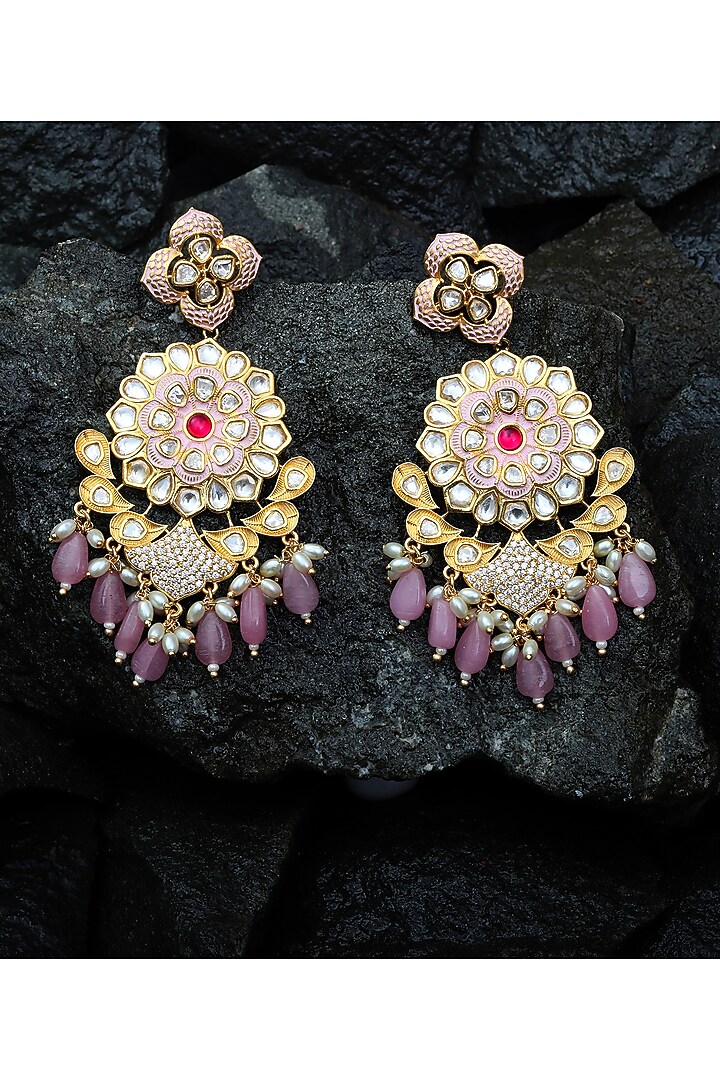 Gold Finish Faux Diamond & Kundan Polki Meenakari Dangler Earrings by Akulya Jewels at Pernia's Pop Up Shop