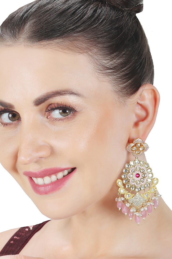 Gold Finish Faux Diamond & Kundan Polki Meenakari Dangler Earrings by Akulya Jewels at Pernia's Pop Up Shop