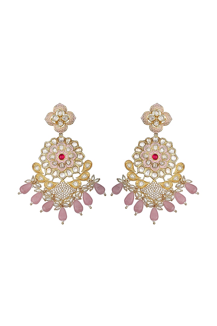 Gold Finish Faux Diamond & Kundan Polki Meenakari Dangler Earrings by Akulya Jewels at Pernia's Pop Up Shop