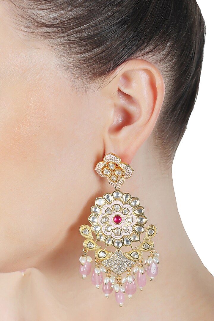 Gold Finish Faux Diamond & Kundan Polki Meenakari Dangler Earrings by Akulya Jewels at Pernia's Pop Up Shop