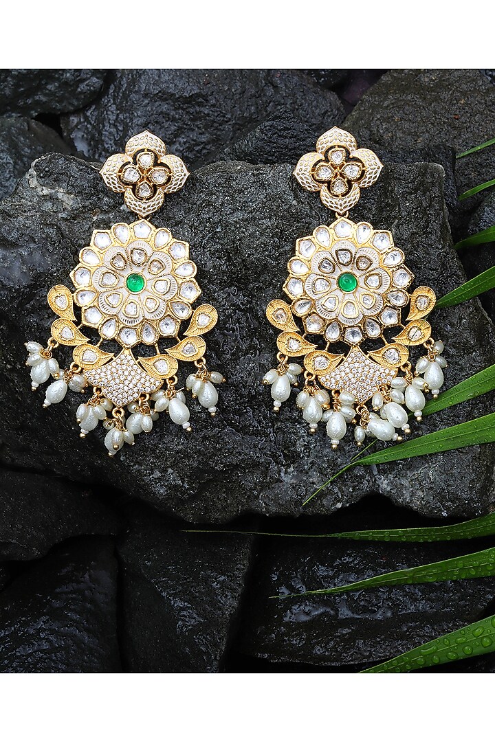 Gold Finish Faux Diamond & Kundan Polki Dangler Earrings by Akulya Jewels at Pernia's Pop Up Shop