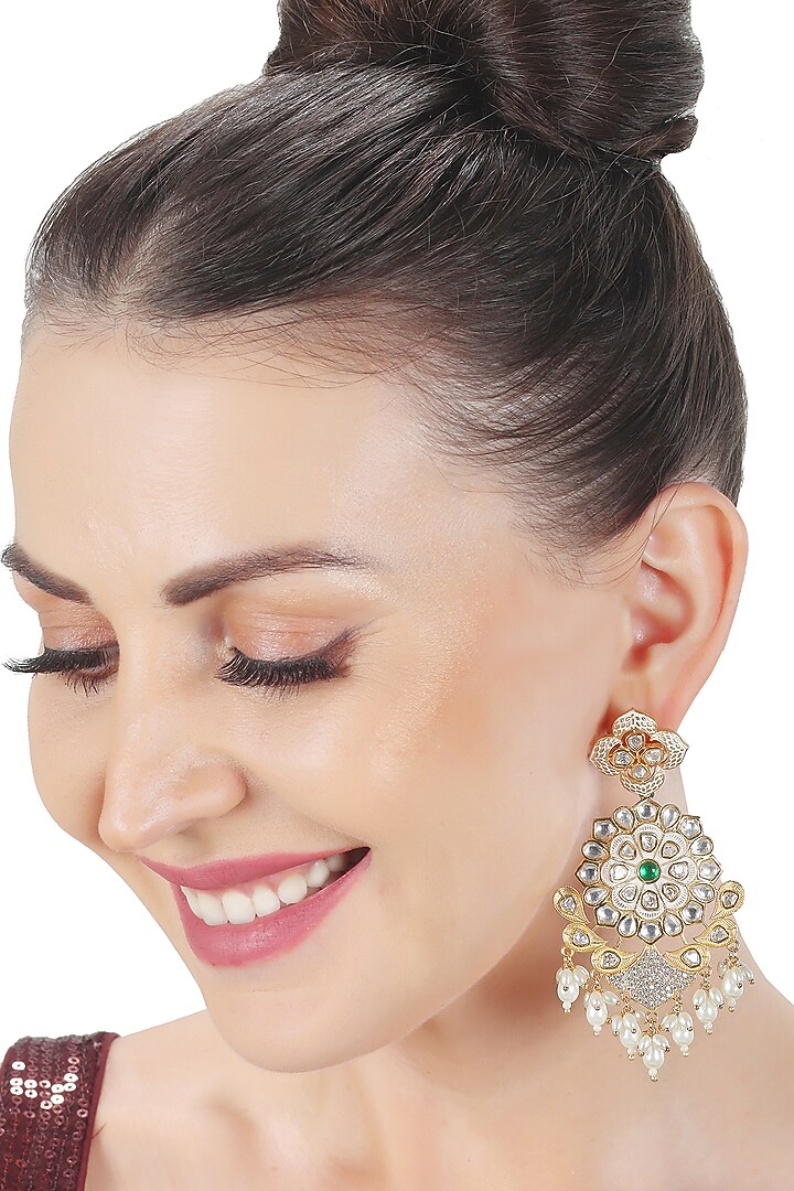 Gold Finish Faux Diamond & Kundan Polki Dangler Earrings by Akulya Jewels at Pernia's Pop Up Shop