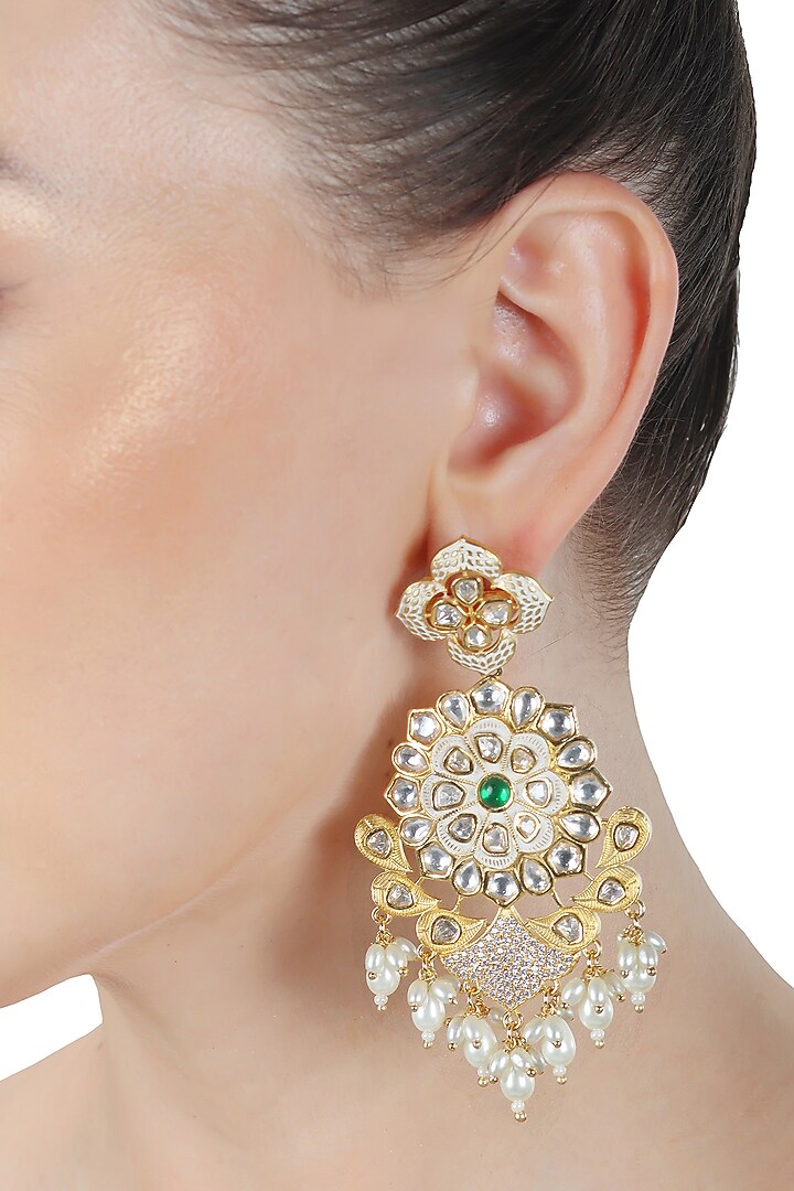 Gold Finish Faux Diamond & Kundan Polki Dangler Earrings by Akulya Jewels at Pernia's Pop Up Shop