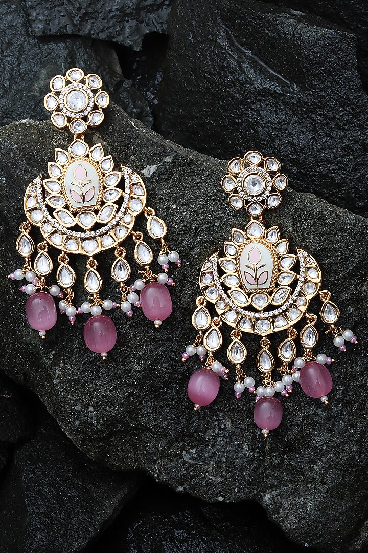 Gold Finish Faux Diamond & Beaded Meenakari Chandbaali Earrings by Akulya Jewels at Pernia's Pop Up Shop
