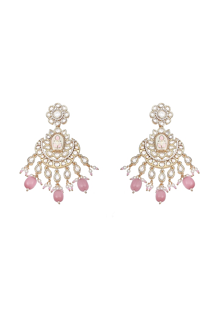 Gold Finish Faux Diamond & Beaded Meenakari Chandbaali Earrings by Akulya Jewels at Pernia's Pop Up Shop