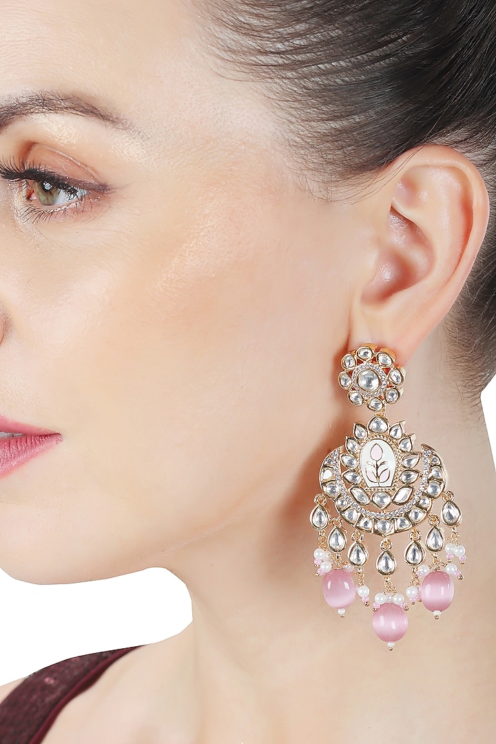Gold Finish Faux Diamond & Beaded Meenakari Chandbaali Earrings by Akulya Jewels at Pernia's Pop Up Shop