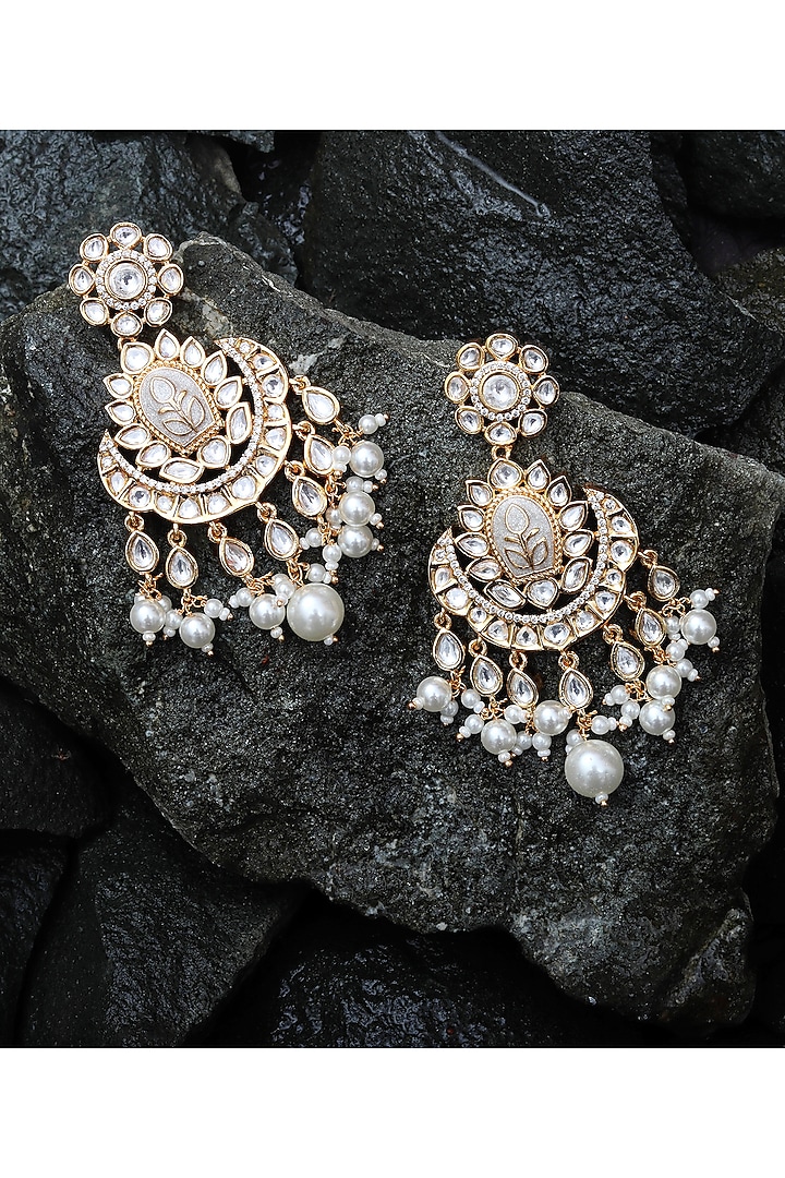 Gold Finish Faux Diamond & Kundan Polki Meenakari Chandbaali Earrings by Akulya Jewels at Pernia's Pop Up Shop
