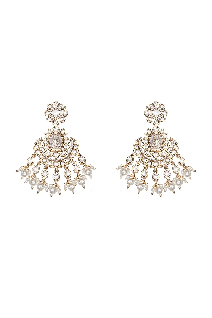 Gold Finish Faux Diamond & Kundan Polki Meenakari Chandbaali Earrings by Akulya Jewels at Pernia's Pop Up Shop