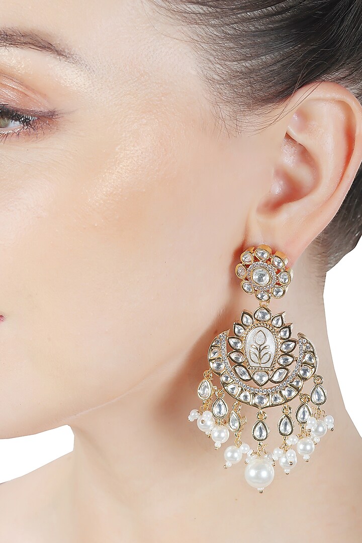 Gold Finish Faux Diamond & Kundan Polki Meenakari Chandbaali Earrings by Akulya Jewels at Pernia's Pop Up Shop