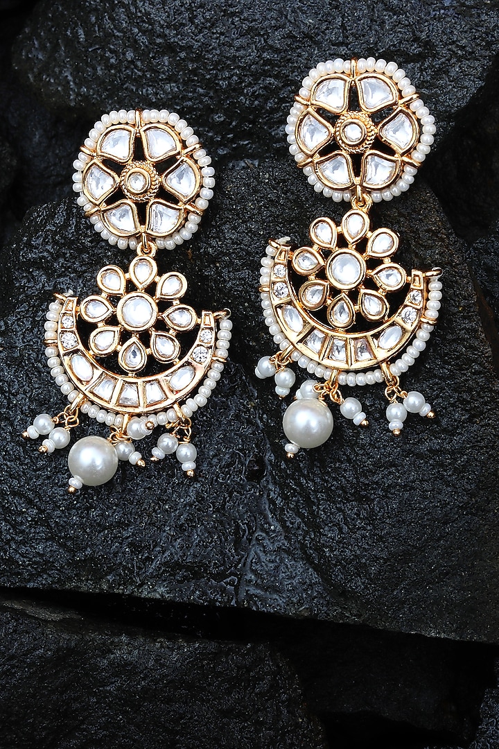 Gold Finish Kundan Polki & Beaded Dangler Earrings by Akulya Jewels at Pernia's Pop Up Shop