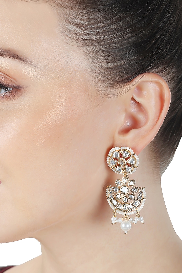 Gold Finish Kundan Polki & Beaded Dangler Earrings by Akulya Jewels at Pernia's Pop Up Shop