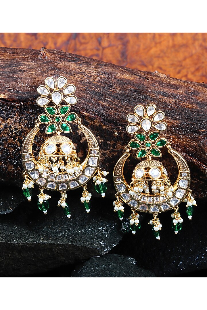 Gold Finish Green Kundan Polki & Beaded Chandbali Earrings by Akulya Jewels at Pernia's Pop Up Shop