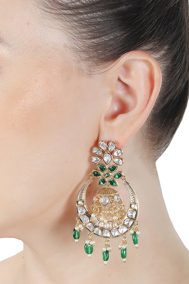 Gold Finish Green Kundan Polki & Beaded Chandbali Earrings by Akulya Jewels at Pernia's Pop Up Shop