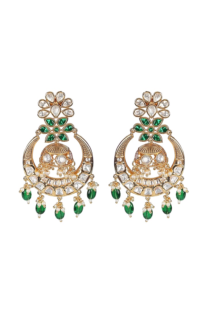 Gold Finish Green Kundan Polki & Beaded Chandbali Earrings by Akulya Jewels at Pernia's Pop Up Shop