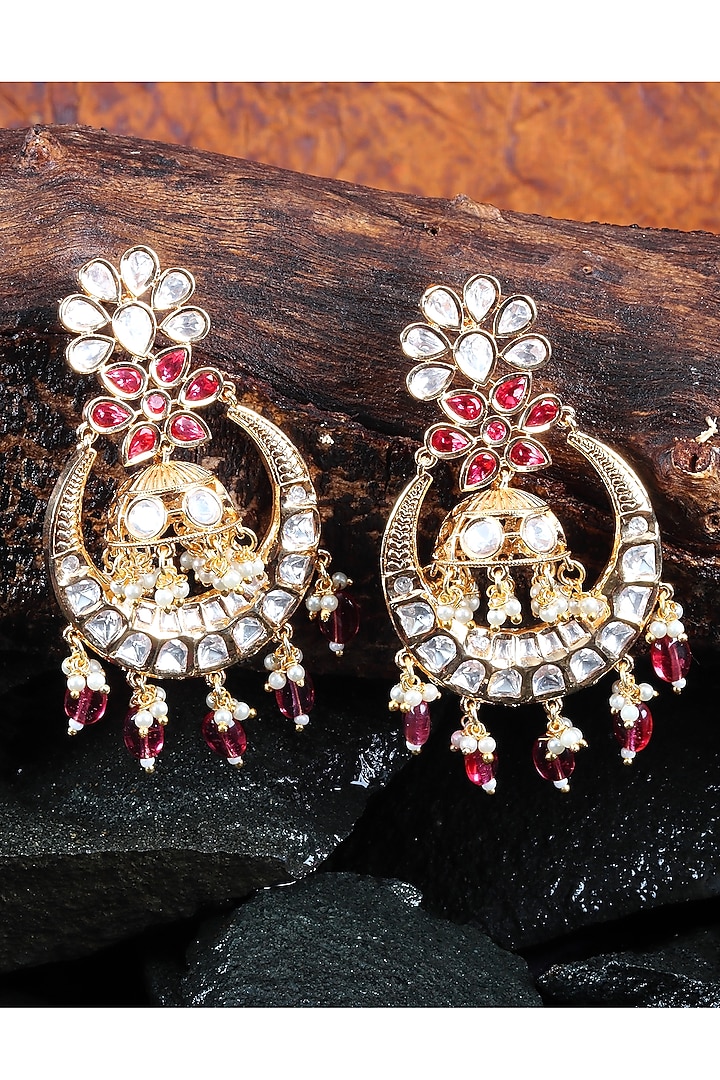 Gold Finish Red Kundan Polki & Beaded Chandbali Earrings by Akulya Jewels at Pernia's Pop Up Shop