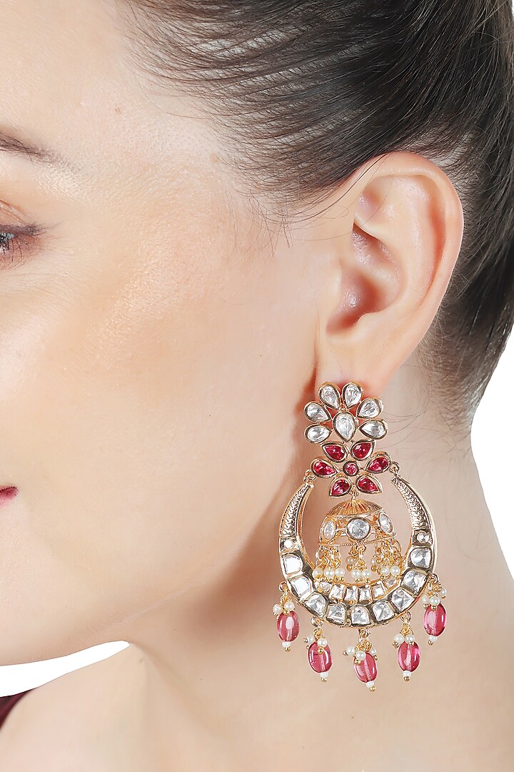 Gold Finish Red Kundan Polki & Beaded Chandbali Earrings by Akulya Jewels at Pernia's Pop Up Shop