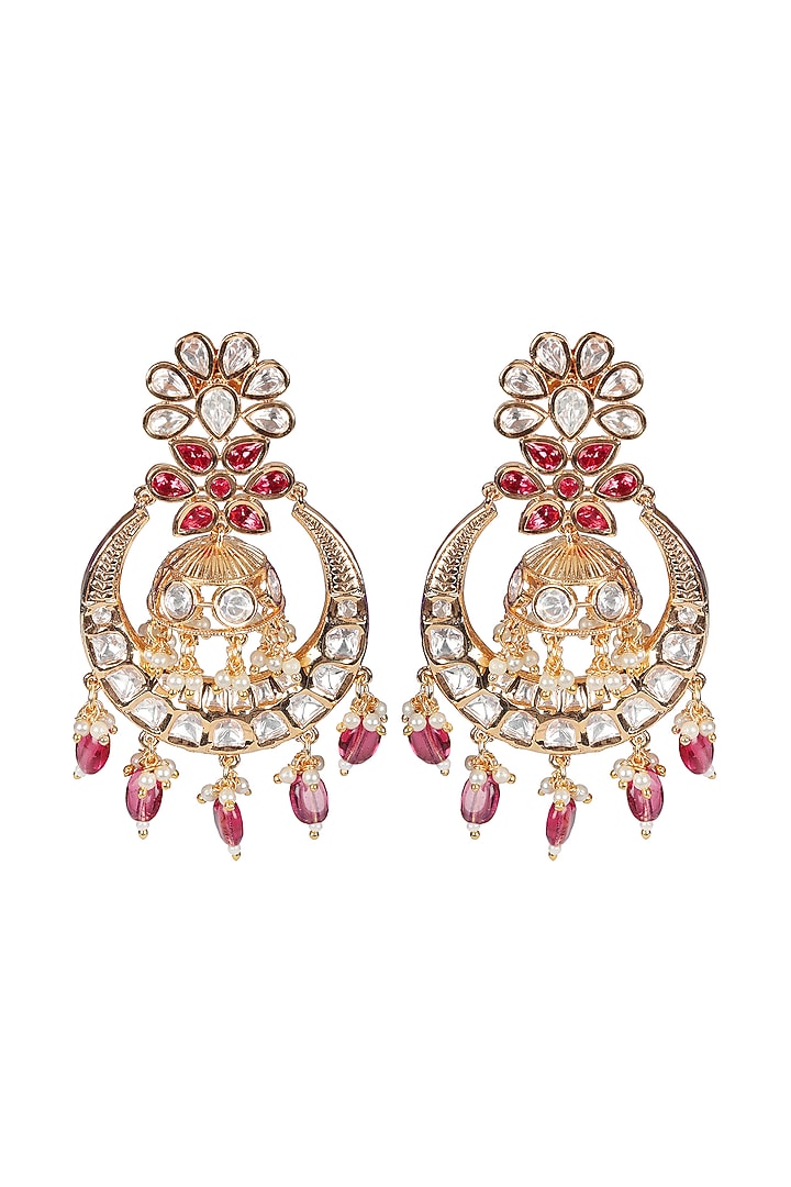 Gold Finish Red Kundan Polki & Beaded Chandbali Earrings by Akulya Jewels at Pernia's Pop Up Shop