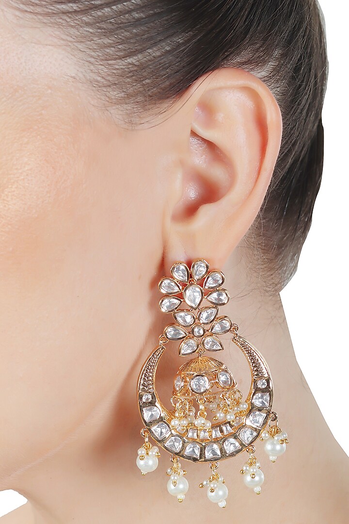 Gold Finish Kundan Polki & White Beaded Chandbali Earrings by Akulya Jewels at Pernia's Pop Up Shop