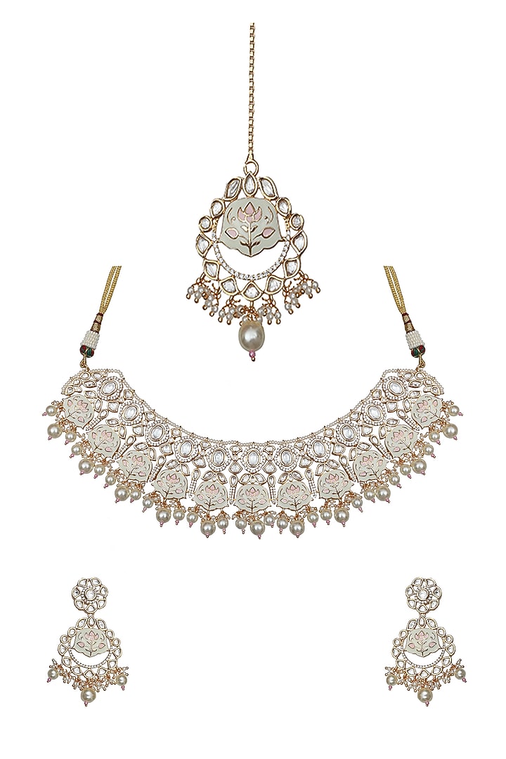 Gold Finish Pink & White Kundan Meenakari Choker Necklace Set by Akulya Jewels at Pernia's Pop Up Shop
