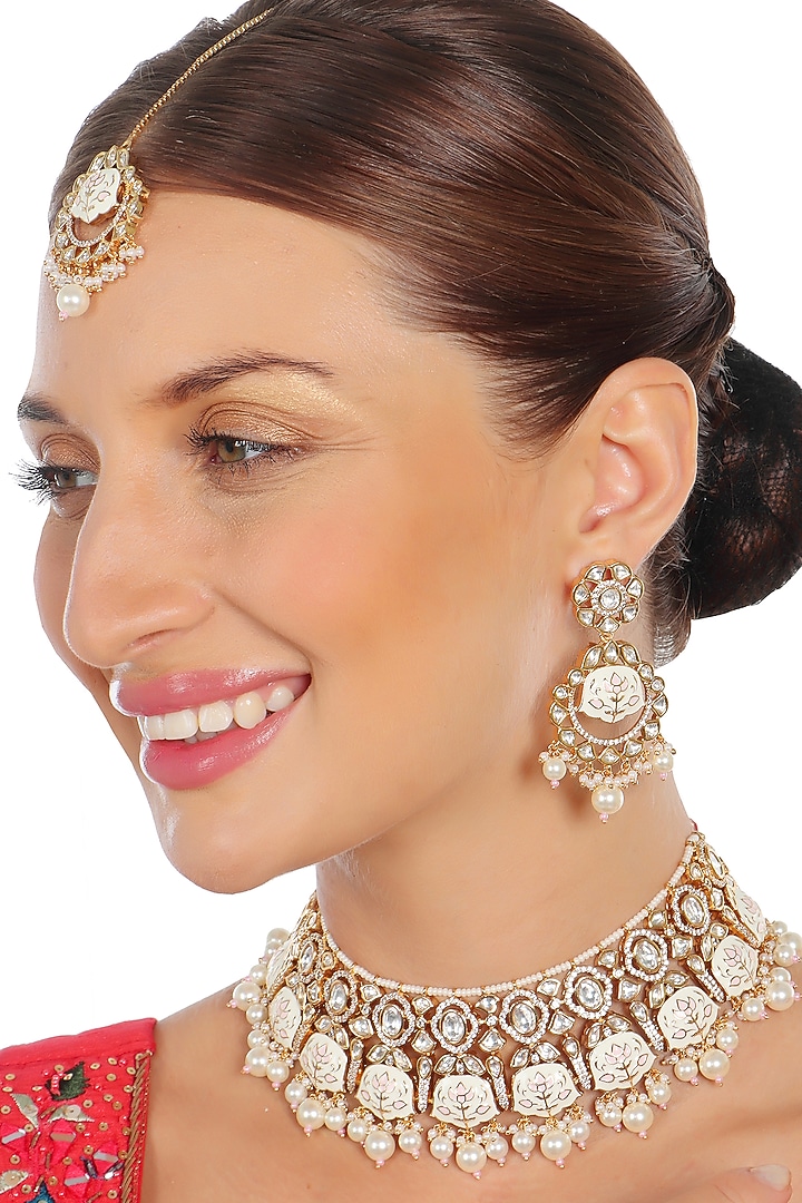 Gold Finish Pink & White Kundan Meenakari Choker Necklace Set by Akulya Jewels at Pernia's Pop Up Shop