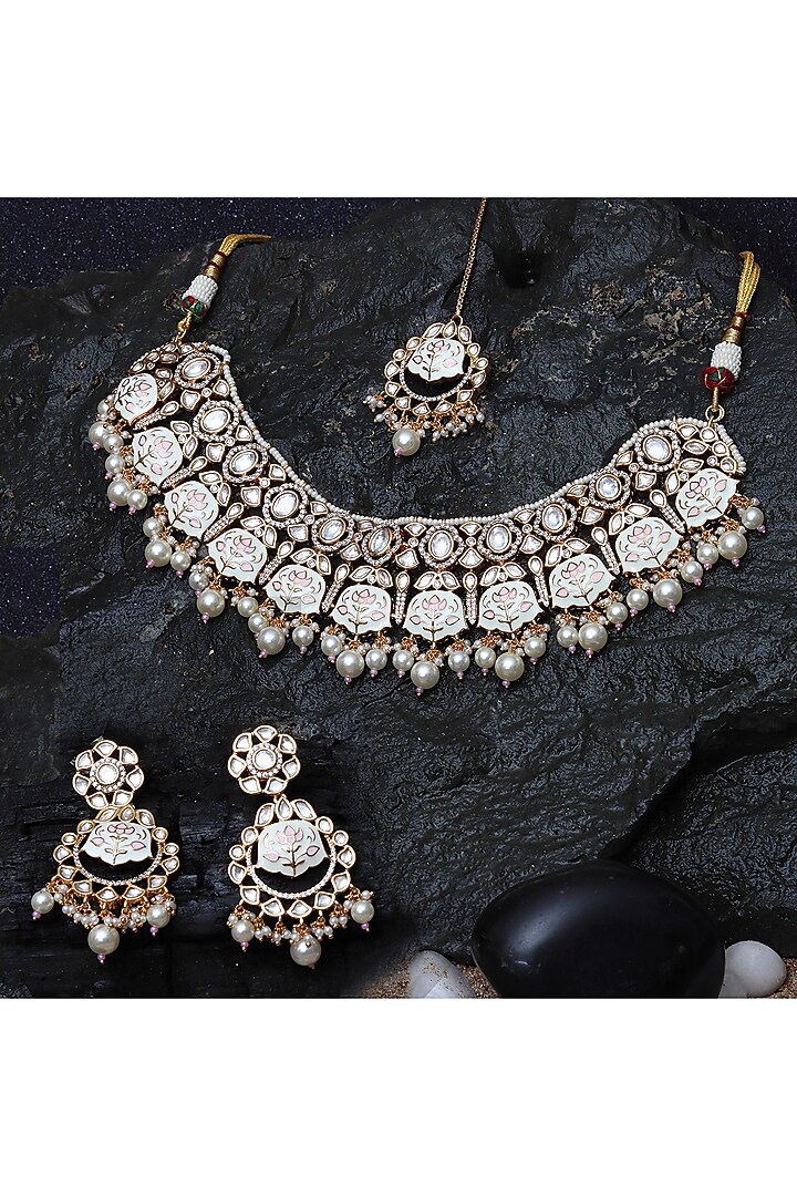 Gold Finish Pink & White Kundan Meenakari Choker Necklace Set by Akulya Jewels at Pernia's Pop Up Shop