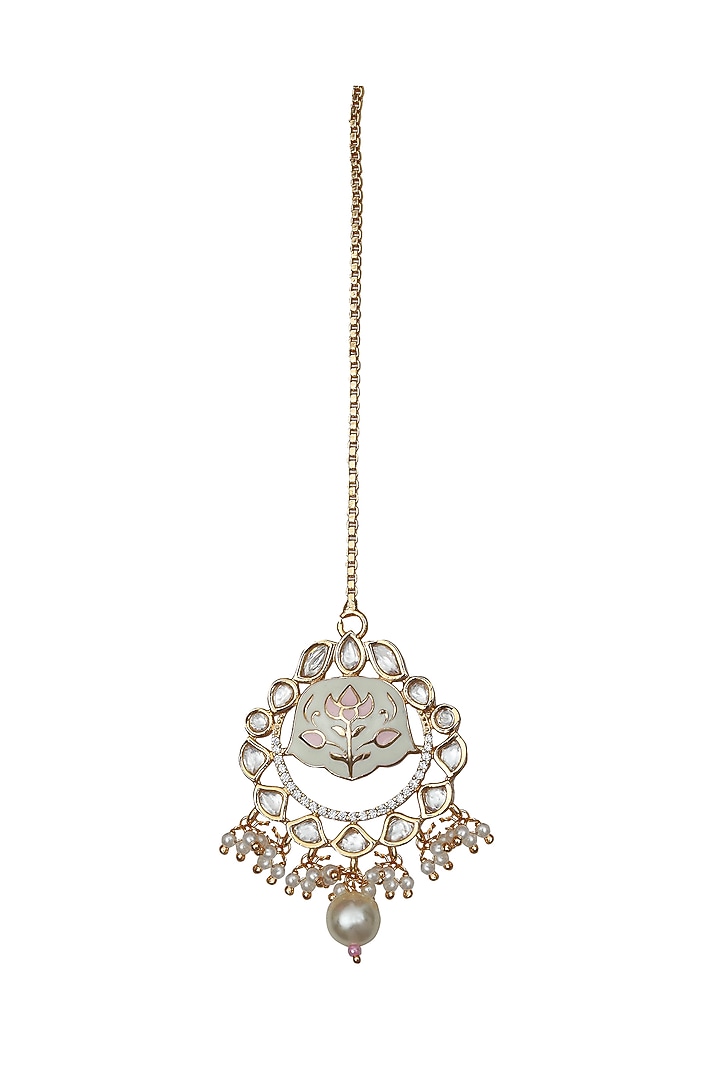 Gold Finish Pink & White Kundan Meenakari Choker Necklace Set by Akulya Jewels at Pernia's Pop Up Shop