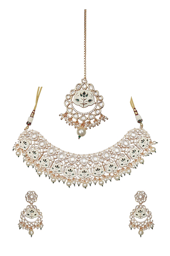 Gold Finish Green & White Kundan Meenakari Choker Necklace Set by Akulya Jewels at Pernia's Pop Up Shop