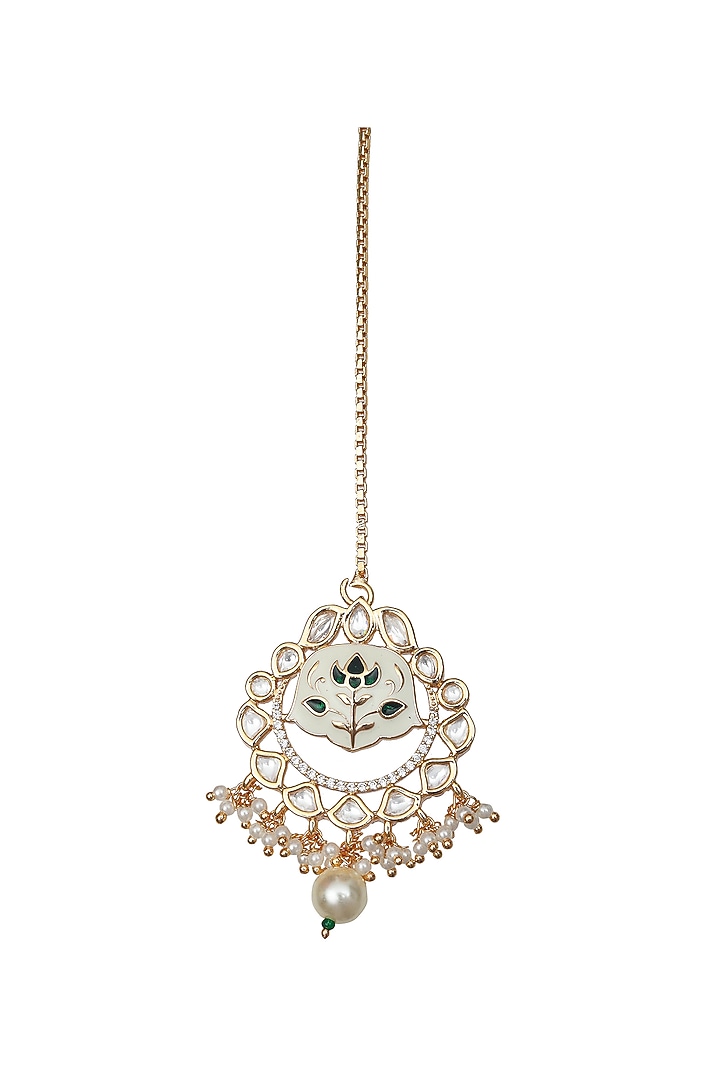 Gold Finish Green & White Kundan Meenakari Choker Necklace Set by Akulya Jewels at Pernia's Pop Up Shop