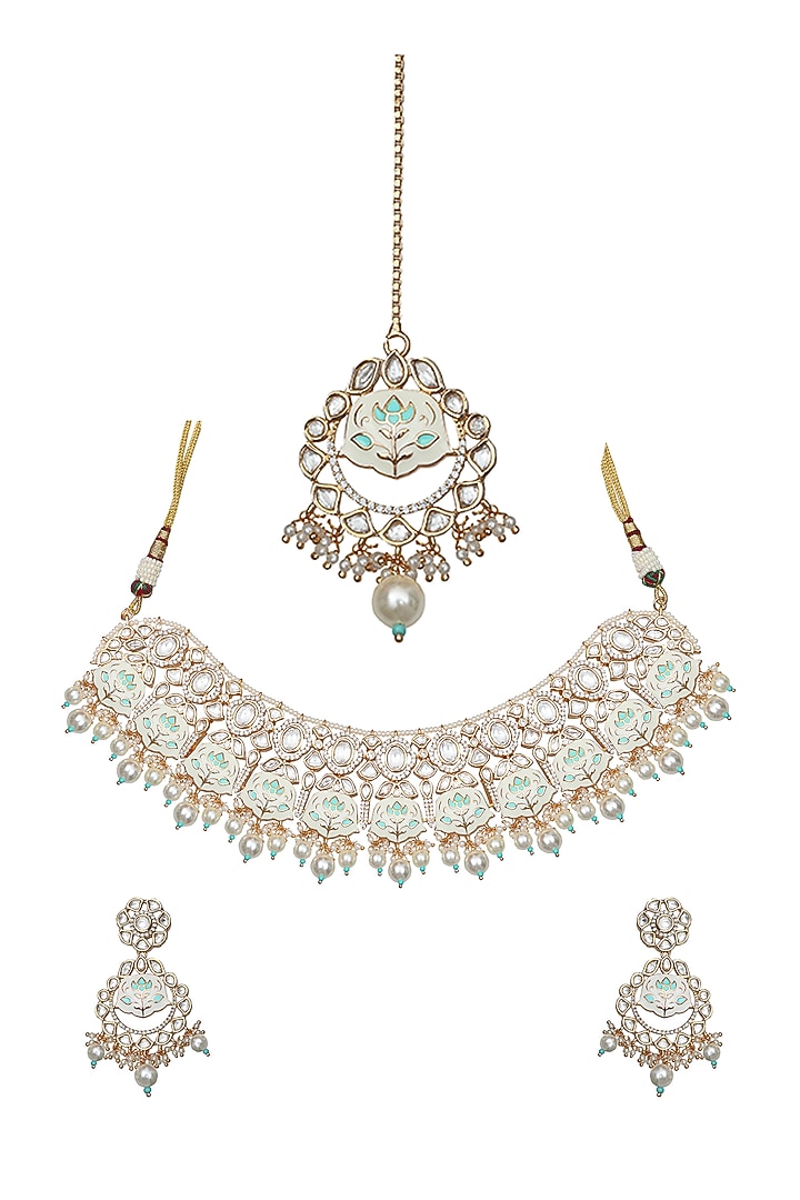 Gold Finish Mint & White Kundan Meenakari Choker Necklace Set by Akulya Jewels at Pernia's Pop Up Shop