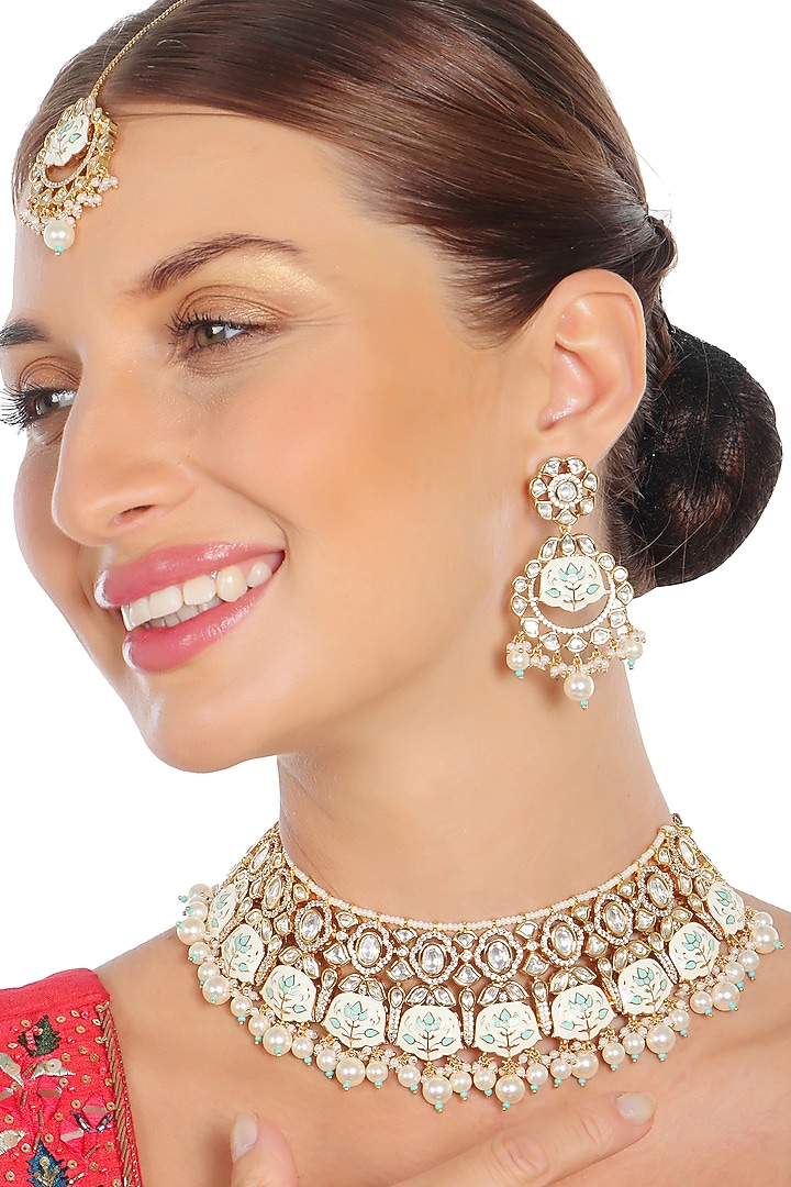 Gold Finish Mint & White Kundan Meenakari Choker Necklace Set by Akulya Jewels at Pernia's Pop Up Shop