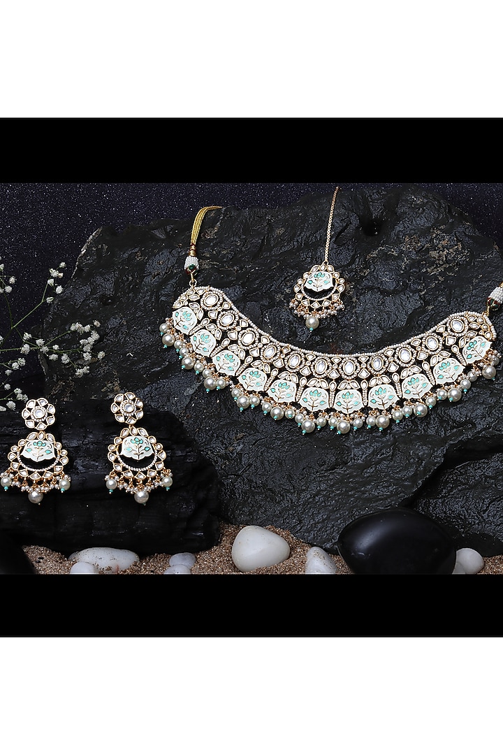 Gold Finish Mint & White Kundan Meenakari Choker Necklace Set by Akulya Jewels at Pernia's Pop Up Shop