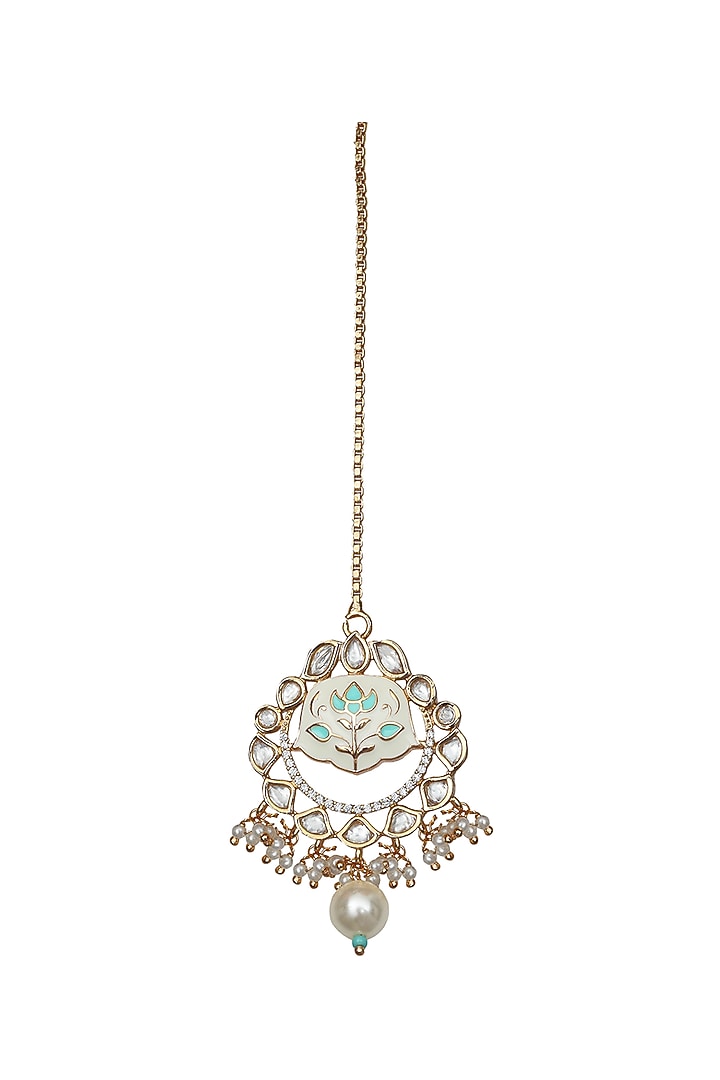 Gold Finish Mint & White Kundan Meenakari Choker Necklace Set by Akulya Jewels at Pernia's Pop Up Shop