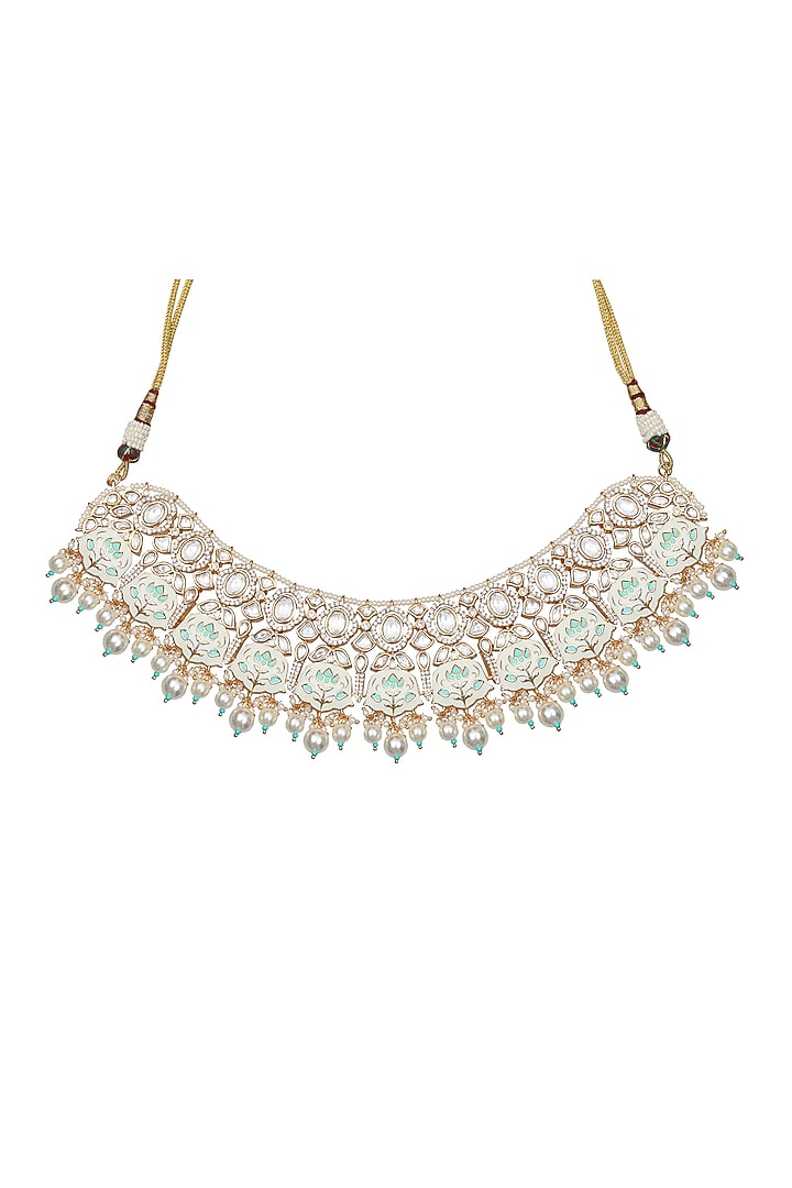 Gold Finish Mint & White Kundan Meenakari Choker Necklace Set by Akulya Jewels at Pernia's Pop Up Shop