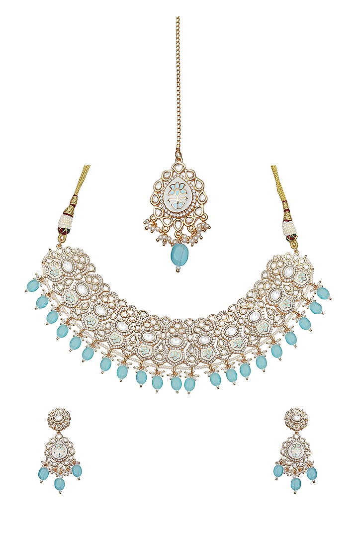 Gold Finish Mint Kundan Meenakari Choker Necklace Set by Akulya Jewels at Pernia's Pop Up Shop