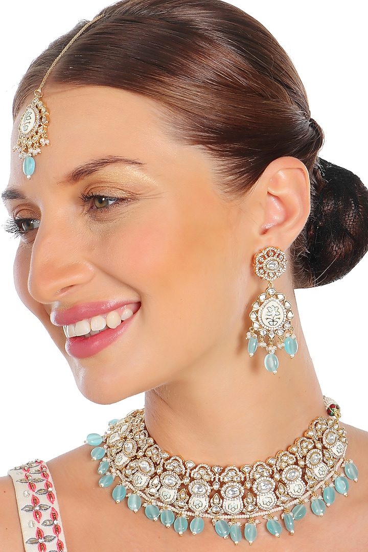 Gold Finish Mint Kundan Meenakari Choker Necklace Set by Akulya Jewels at Pernia's Pop Up Shop