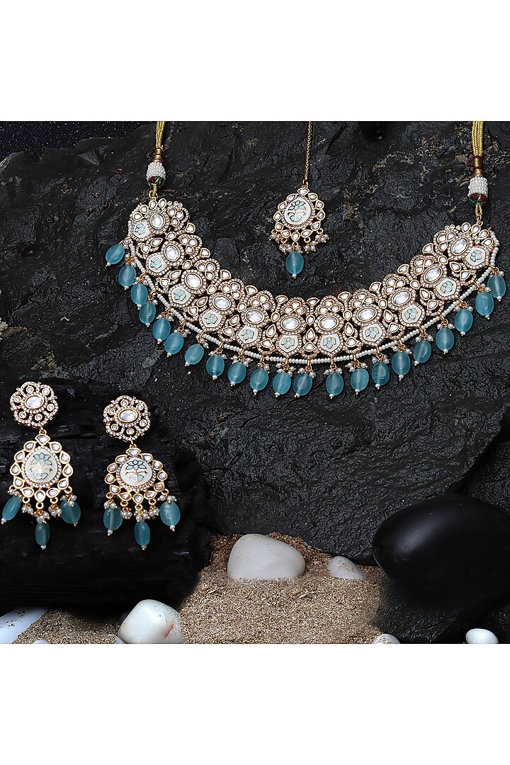 Gold Finish Mint Kundan Meenakari Choker Necklace Set by Akulya Jewels at Pernia's Pop Up Shop