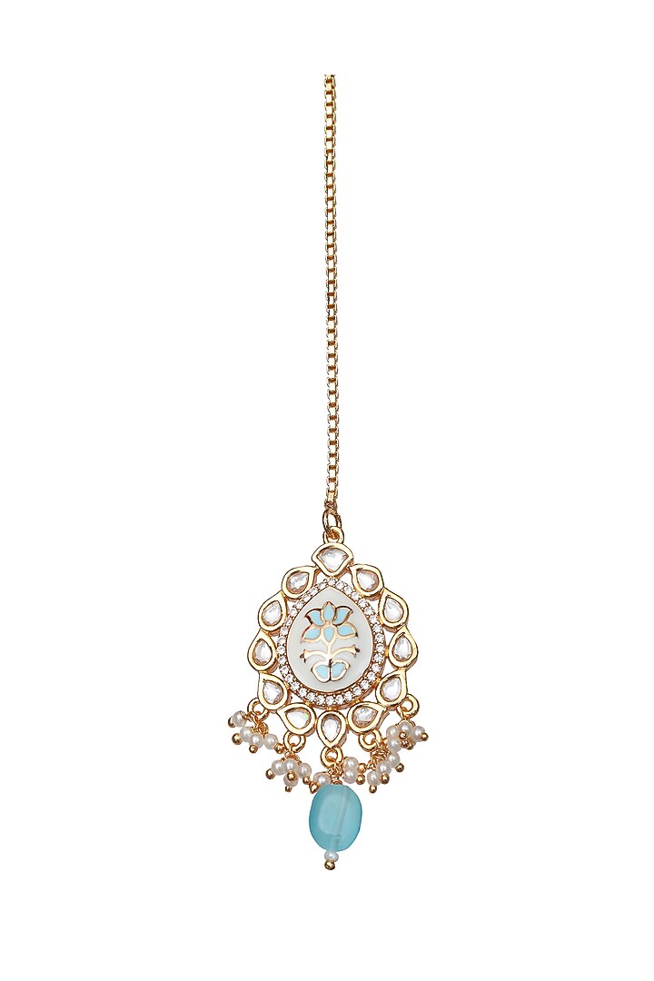 Gold Finish Mint Kundan Meenakari Choker Necklace Set by Akulya Jewels at Pernia's Pop Up Shop