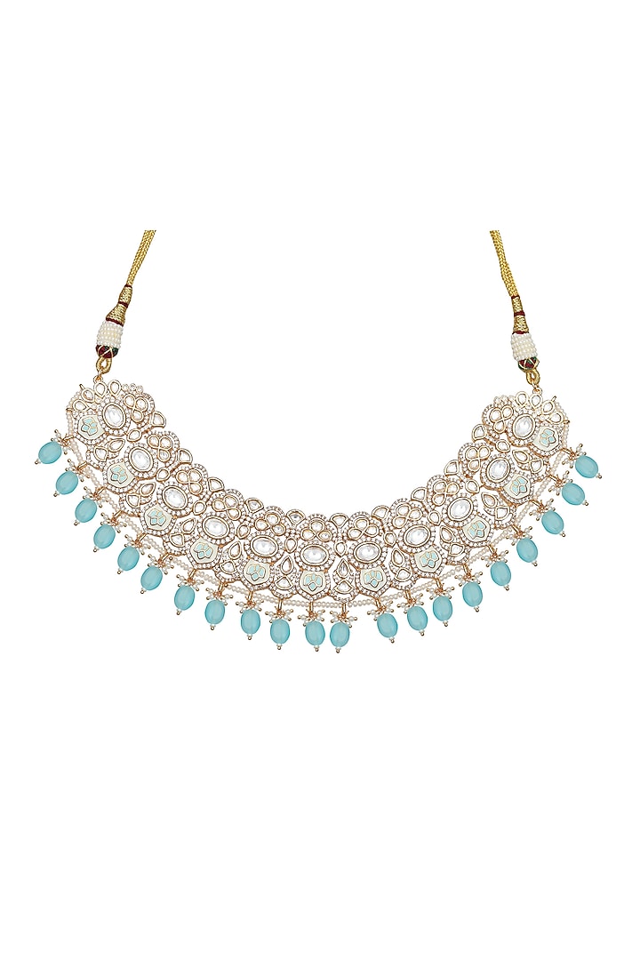 Gold Finish Mint Kundan Meenakari Choker Necklace Set by Akulya Jewels at Pernia's Pop Up Shop